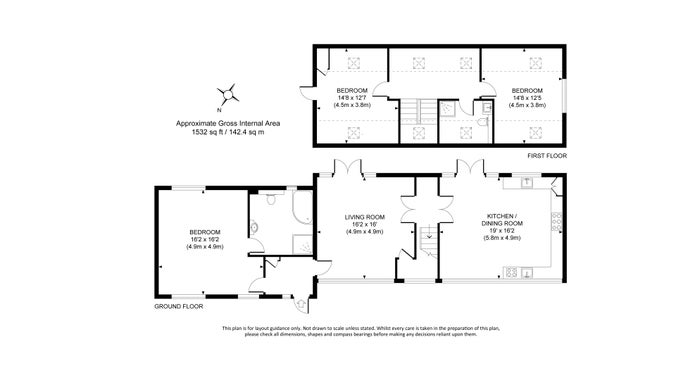 The floor plan for 1 Bagden Farm Cottage, showing the ground floor with bedroom, en-suite shower room, sitting room and kitchen, and first floor with two bedrooms and shower room